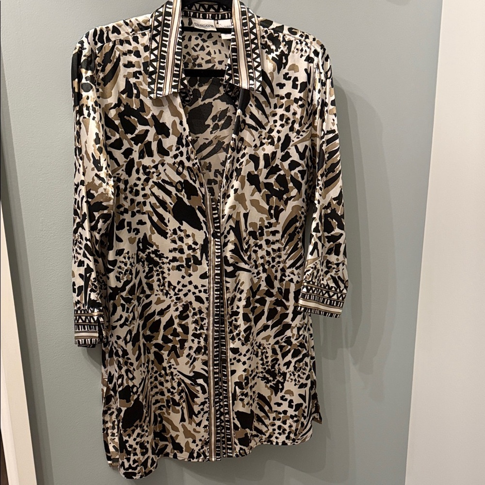 Chico's Black and Cream Animal Print Button-Down Shirt